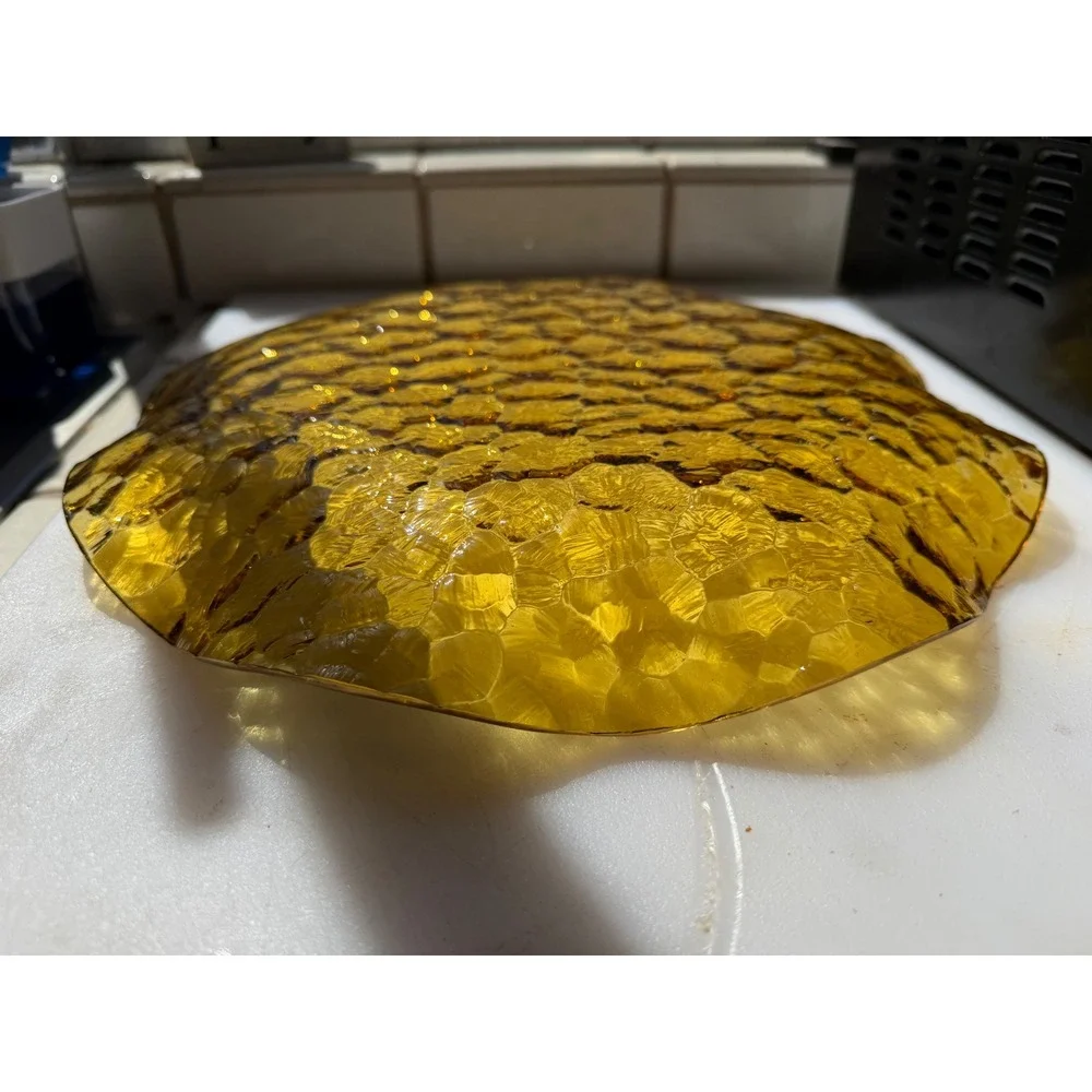 Vtg. Glass Serving Plate Amber Hammered Scalloped MCM Retro Decor